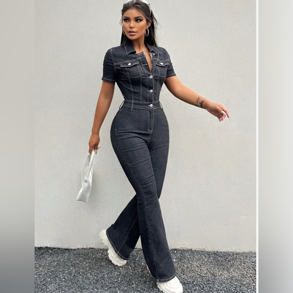 SHEIN Blue Utility Jumpsuit with Short Sleeves and Zipper